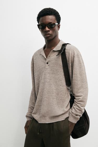 Zara 100% linen knit polo collar sweater - Beige marl