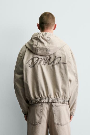 Zara EMBROIDERED HOODIE DENIM JACKET - Ecru / Brown