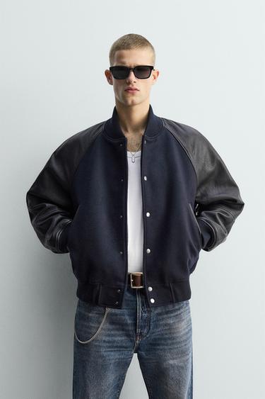 LIMITED EDITION CONTRAST LEATHER BOMBER JACKET - Dark navy by Zara