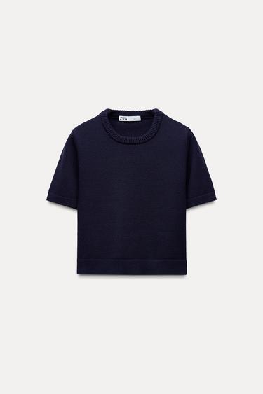 BASIC PLAIN KNIT SHORT SLEEVE TOP - Navy blue by Zara