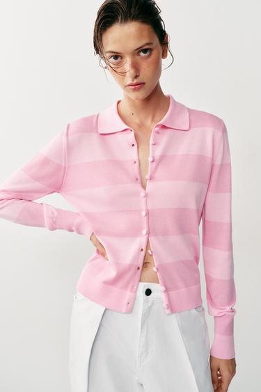CHAQUETA POLO PUNTO RAYAS - Rosa lavado de Zara