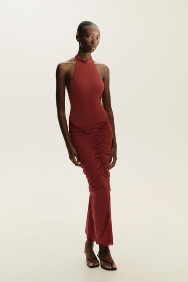HALTERNECK CONTRAST TULLE DRESS - Dark red by Zara