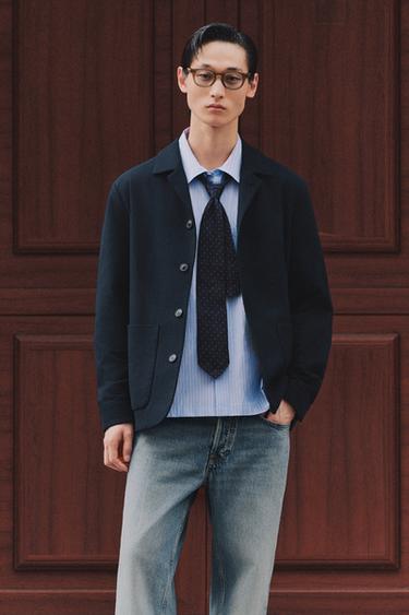 Zara 標準版型紋理襯衫式外套 - 海藍色