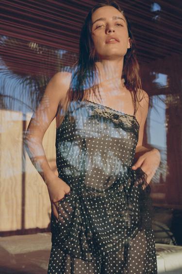 TOP IMPRIMÉ À POIS ET DENTELLE - Noir de Zara - Image 2