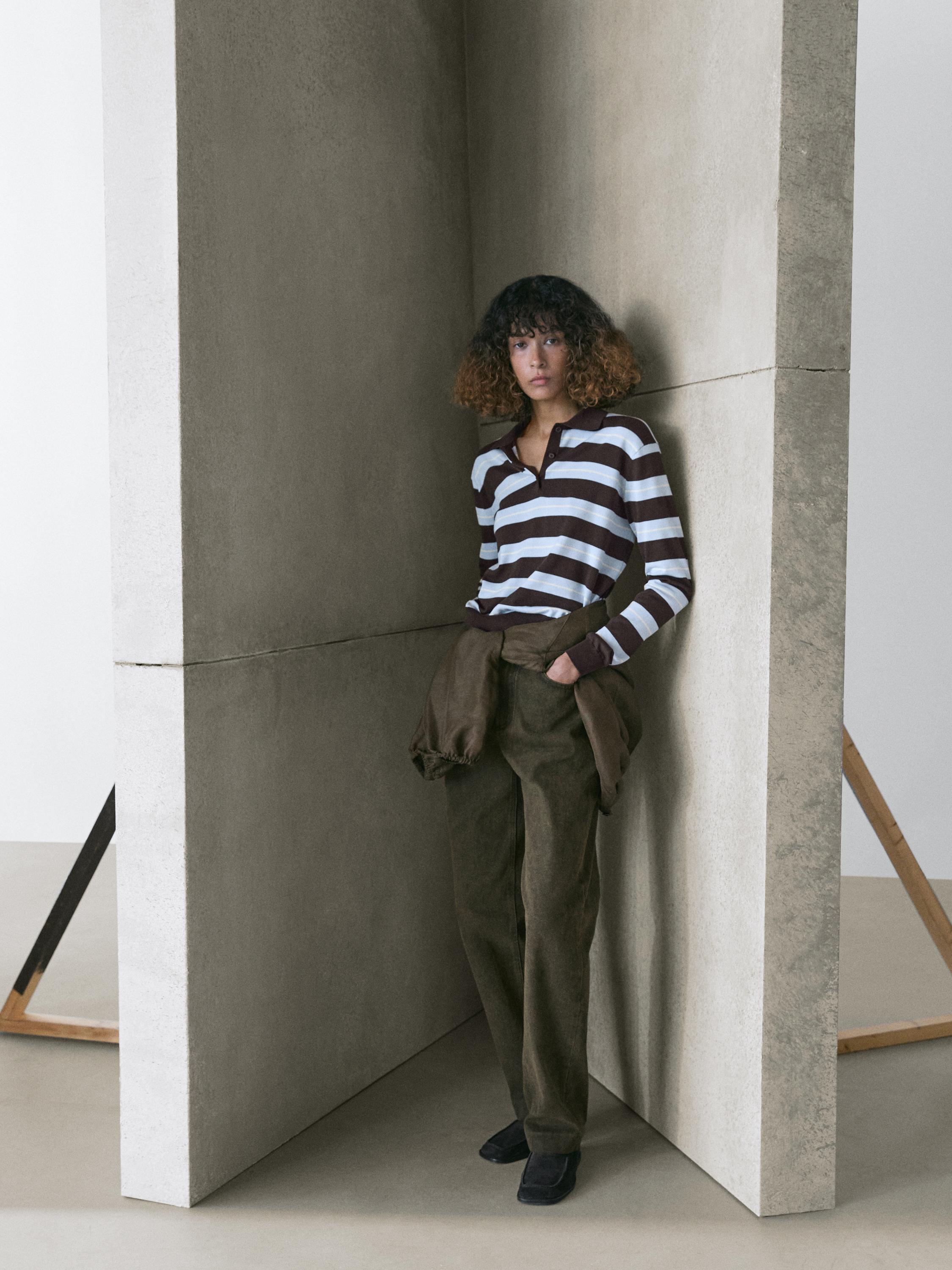 Cotton striped knit polo sweater