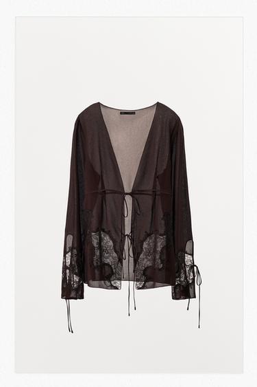 GEORGETTE LACE SHIRT WITH BOWS - Dark brown by Zara