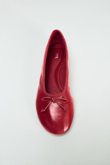 LEATHER BOW BALLET FLATS - Red by Zara