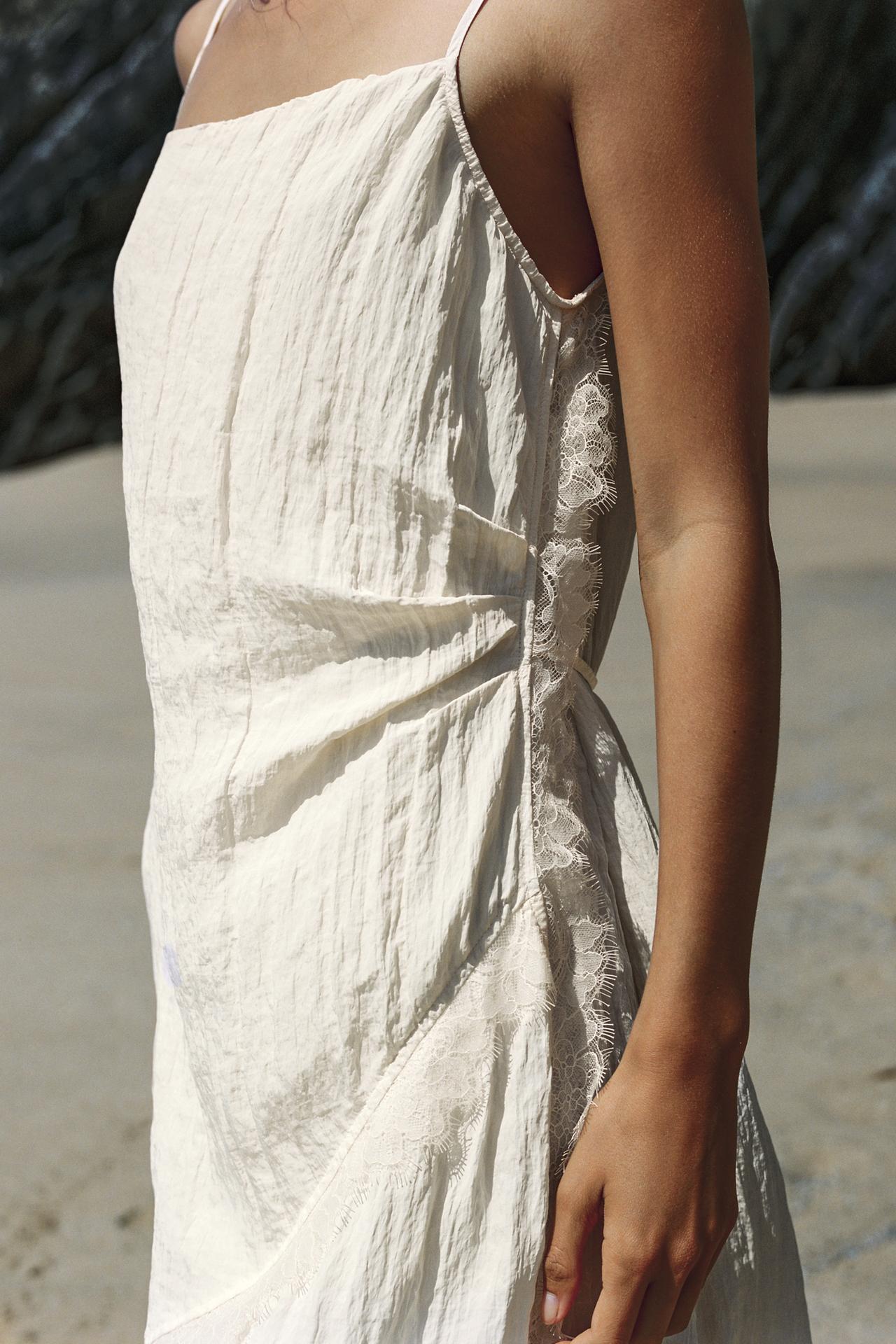 LACE TRIM MIDI SLIP DRESS — Ecru