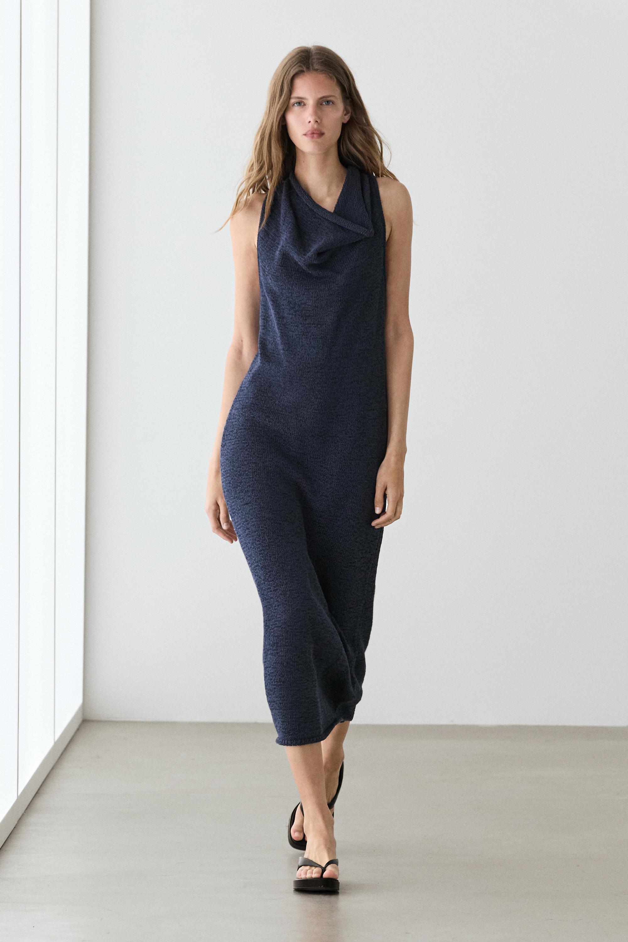 Knit midi dress with draped neckline