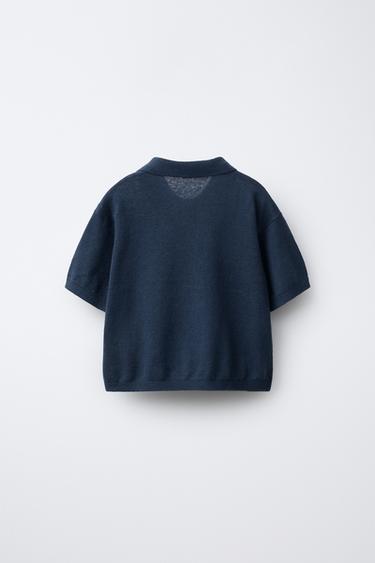 Zara COTTON LINEN KNIT POLO SHIRT - Navy blue