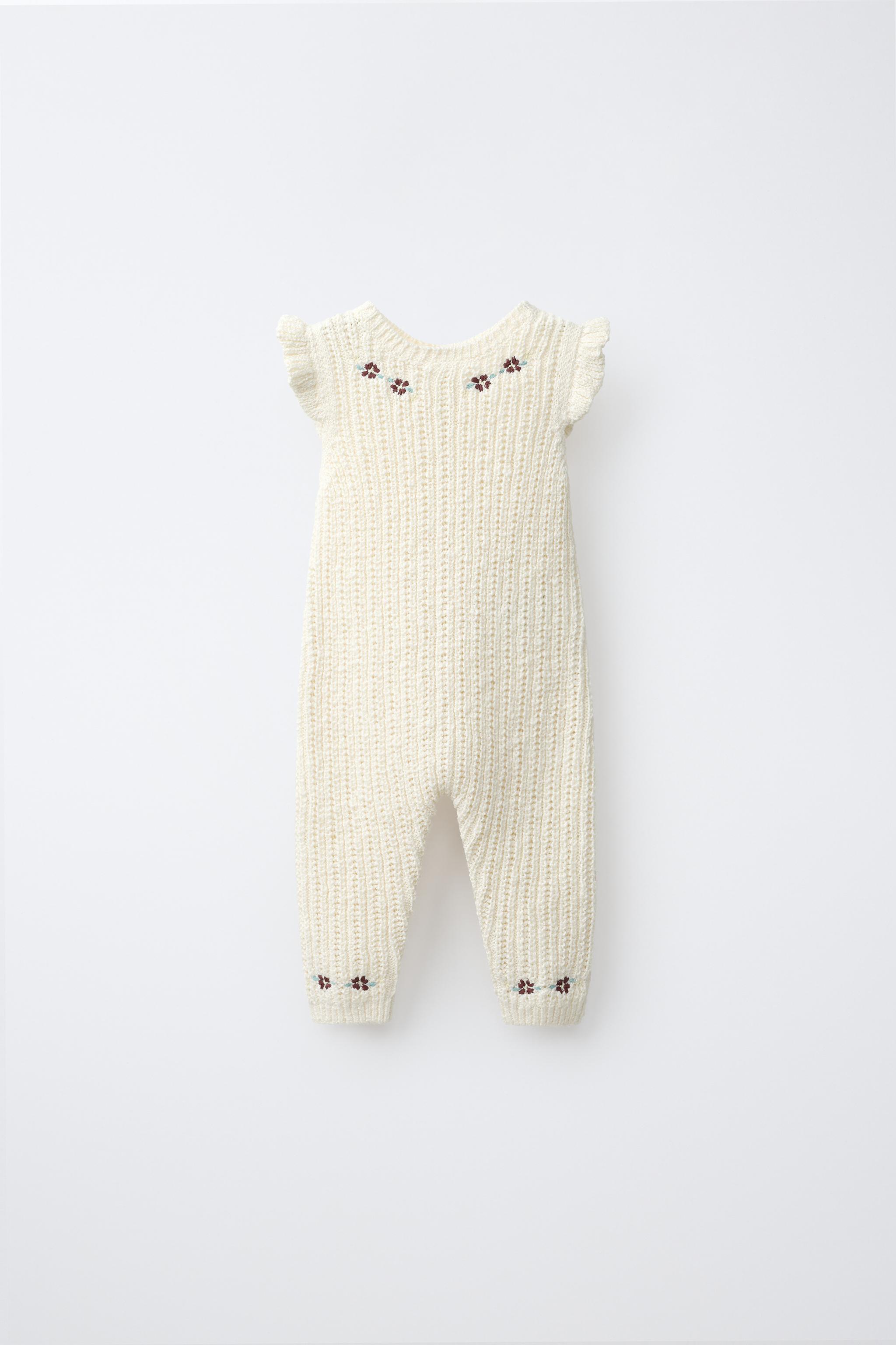 EMBROIDERED FLORAL KNIT JUMPSUIT — Ecru