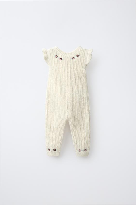 EMBROIDERED FLORAL KNIT JUMPSUIT - Ecru by Zara - Image 0