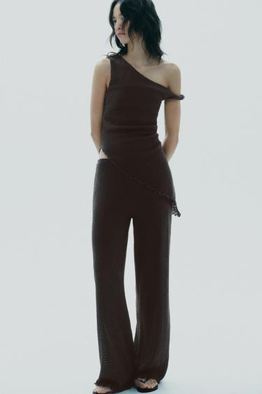 Zara TEXTURED WIDE LEG PANTS - Dark brown - Image 0