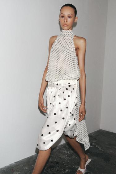 Zara ZW COLLECTION POLKA DOT MIDI SKIRT - Black / White