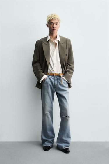Zara RIPPED FLARE FIT JEANS - Light blue