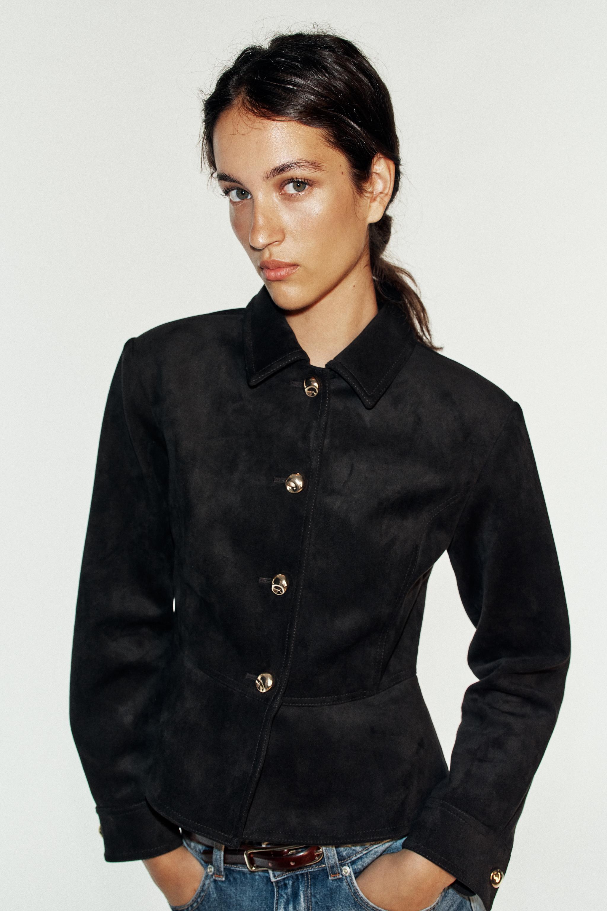 FAUX SUEDE JACKET WITH SHOULDER PADS — Black