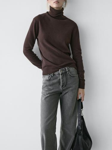 Jersey cuello alto mezcla lana - Marrón oscuro de Zara