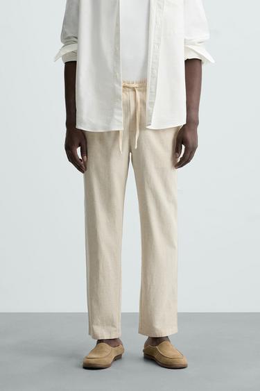CALÇA RELAXED FIT DE ALGODÃO-LINHO - Bege-claro da Zara