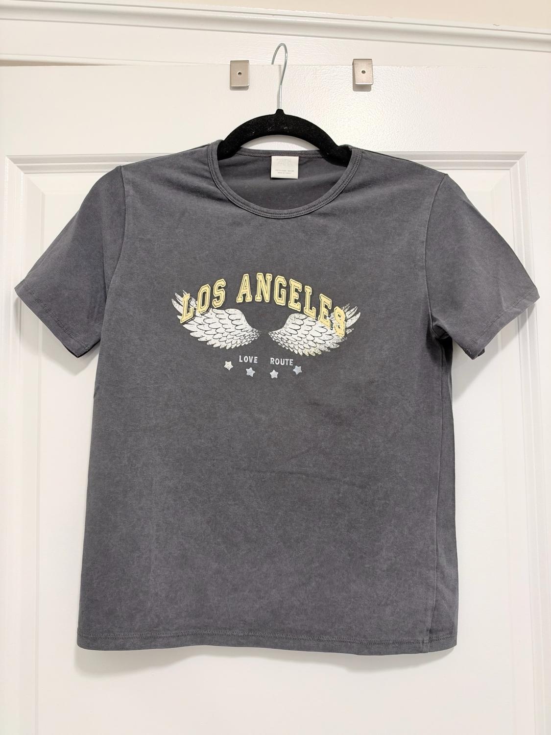 Gray short-sleeved t-shirt hanging on a door. Print of wings, stars and the text "LOS ANGELES" and "LOVE ROUTE".
