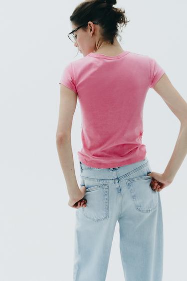 WASHED-EFFECT RHINESTONE T-SHIRT - Pink by Zara - Image 5