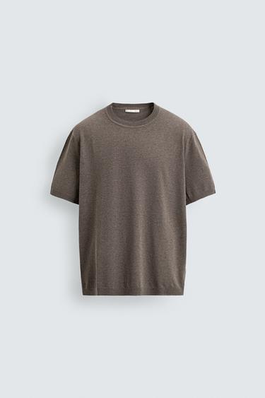Zara KNIT REGULAR FIT T-SHIRT - taupe brown