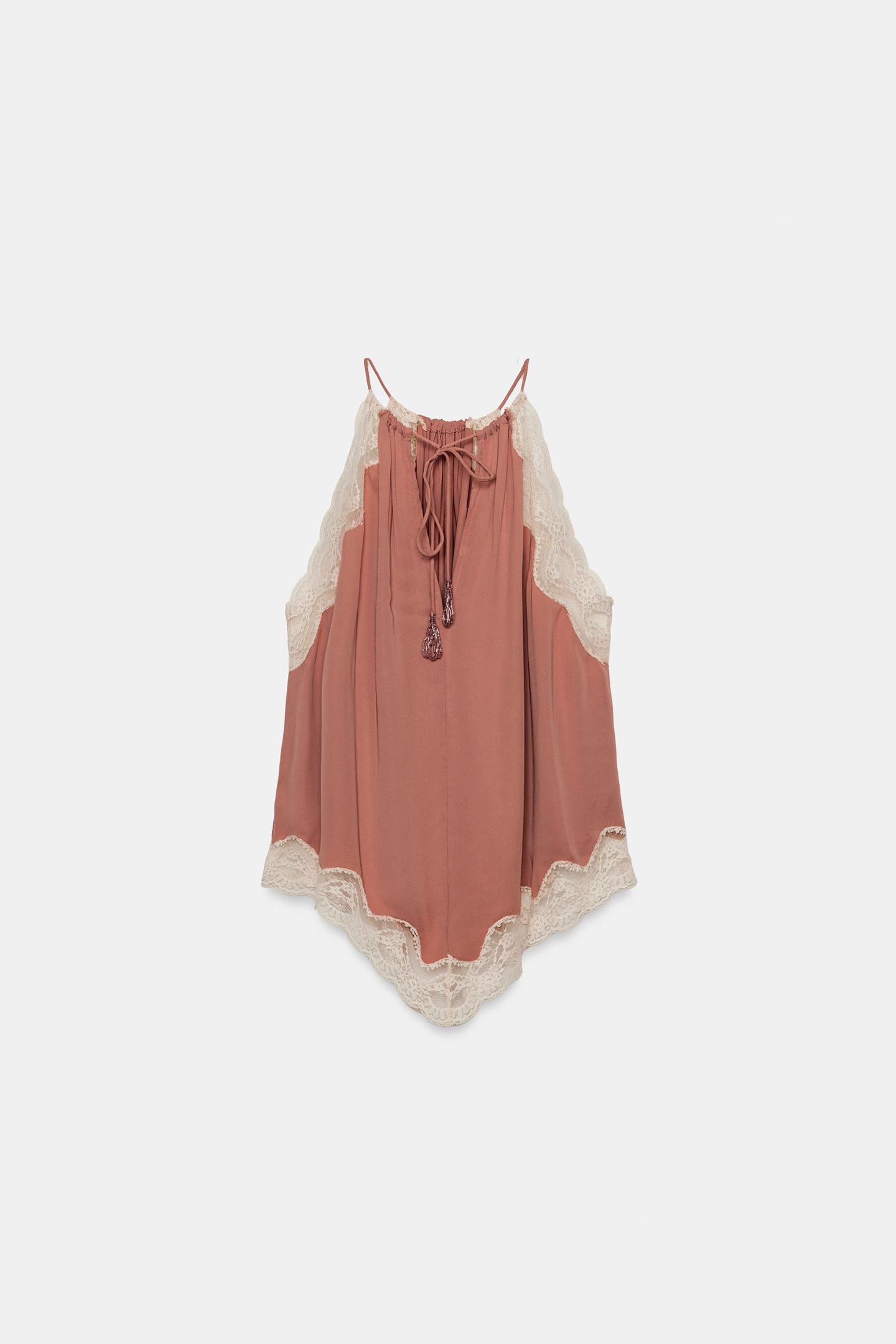 Женский топ Zara ZW Collection Lace Halter Top, цвет: Коралловый розовый — фото 7