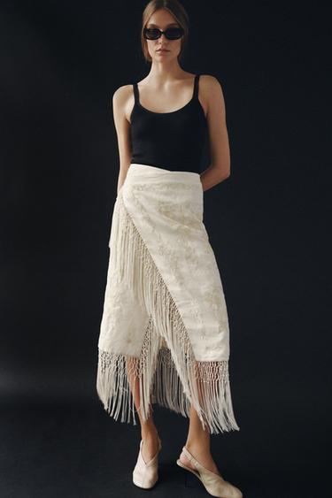 Zara ZW COLLECTION 100% LINEN EMBROIDERED MIDI SKIRT - Ecru