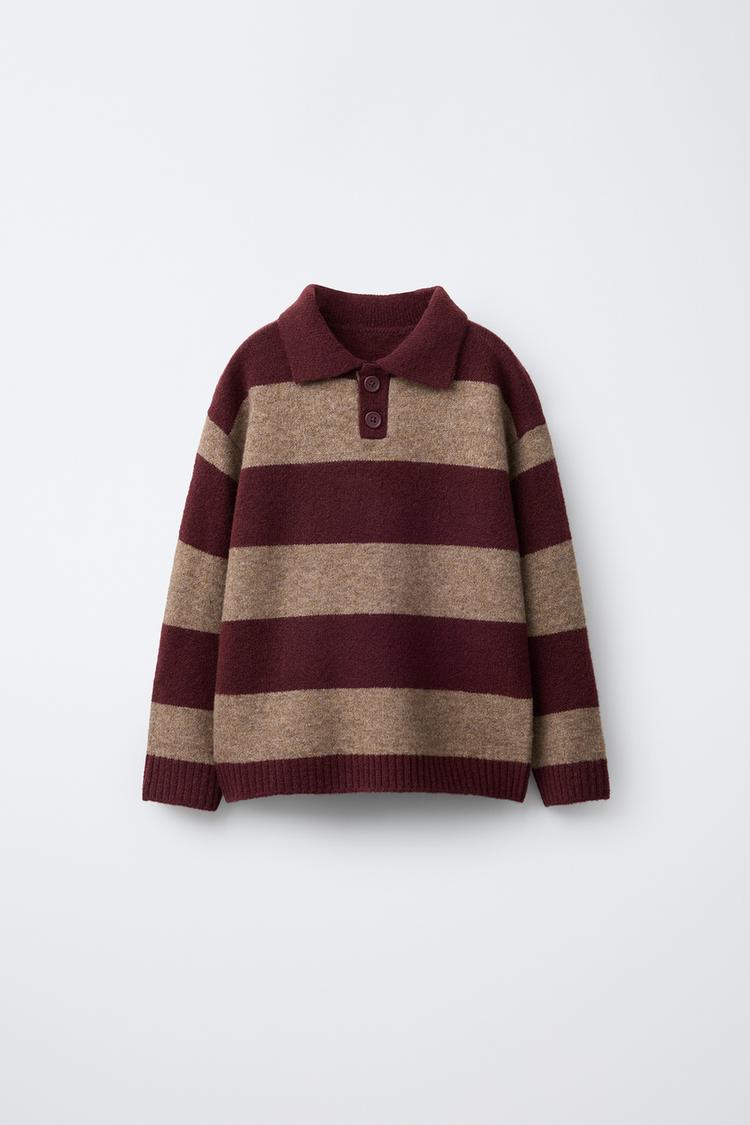 POLO-STRICKPULLOVER MIT STREIFEN Bordeauxrot Cremefarben