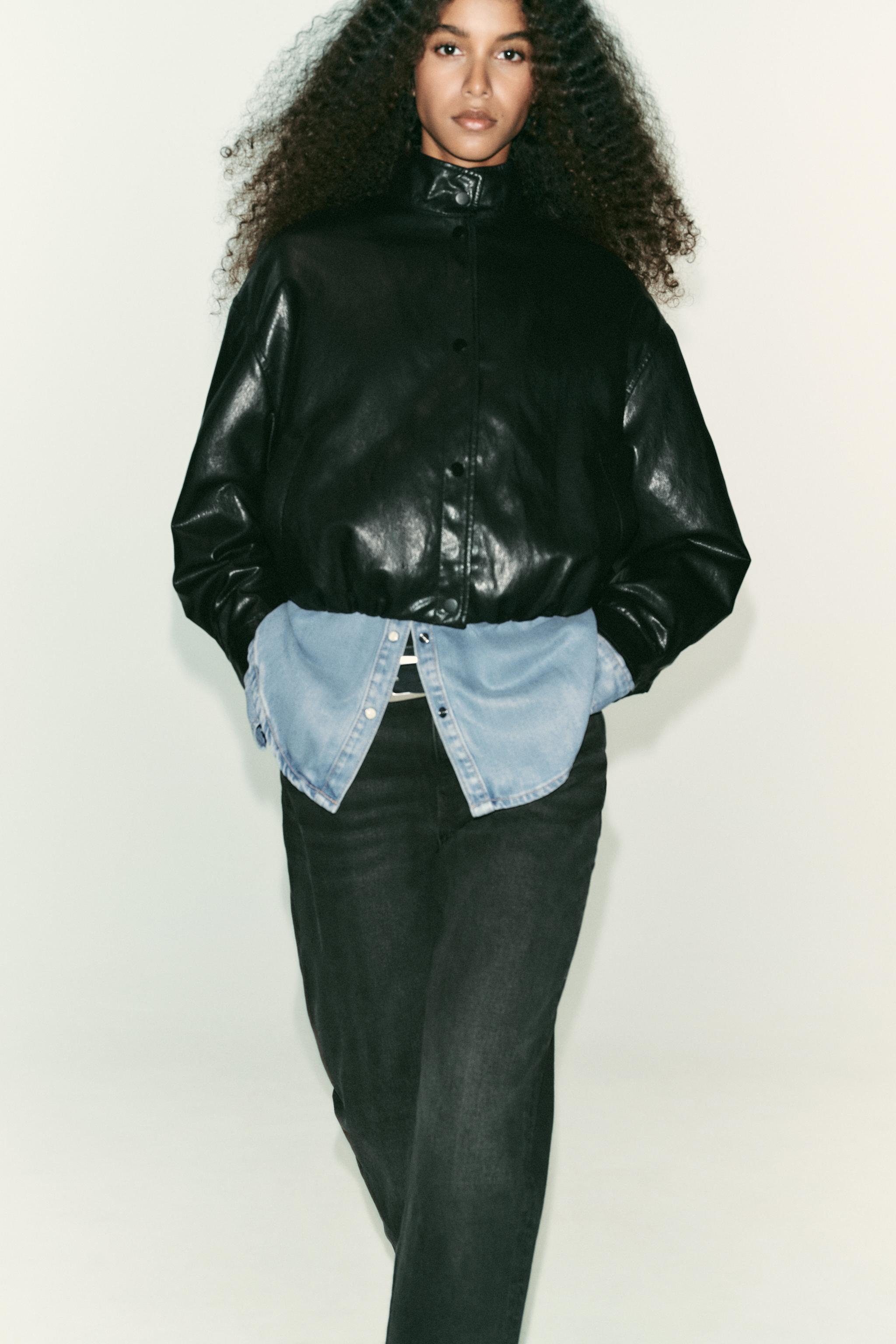 フェイクレザー ハイカラー ボンバージャケット - ブラック | ZARA