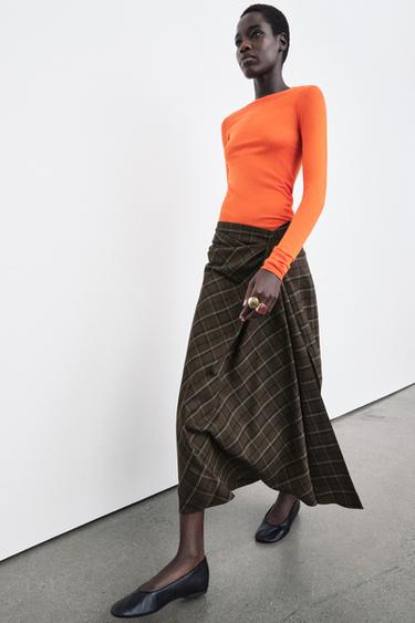 ZW COLLECTION DRAPED CHECK SKIRT - Brown by Zara