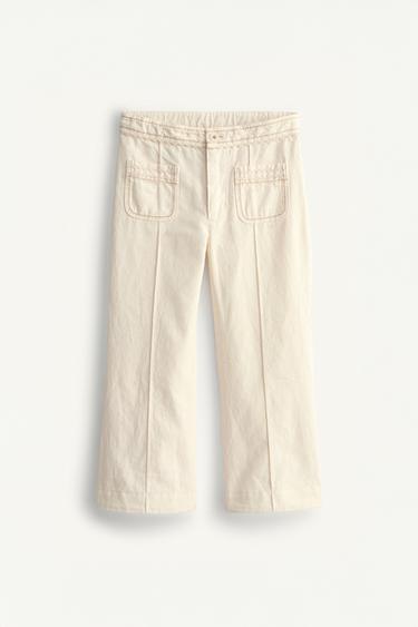 Zara LIMITED EDITION FLARE PANTS WITH TOPSTITCHING - Light ecru