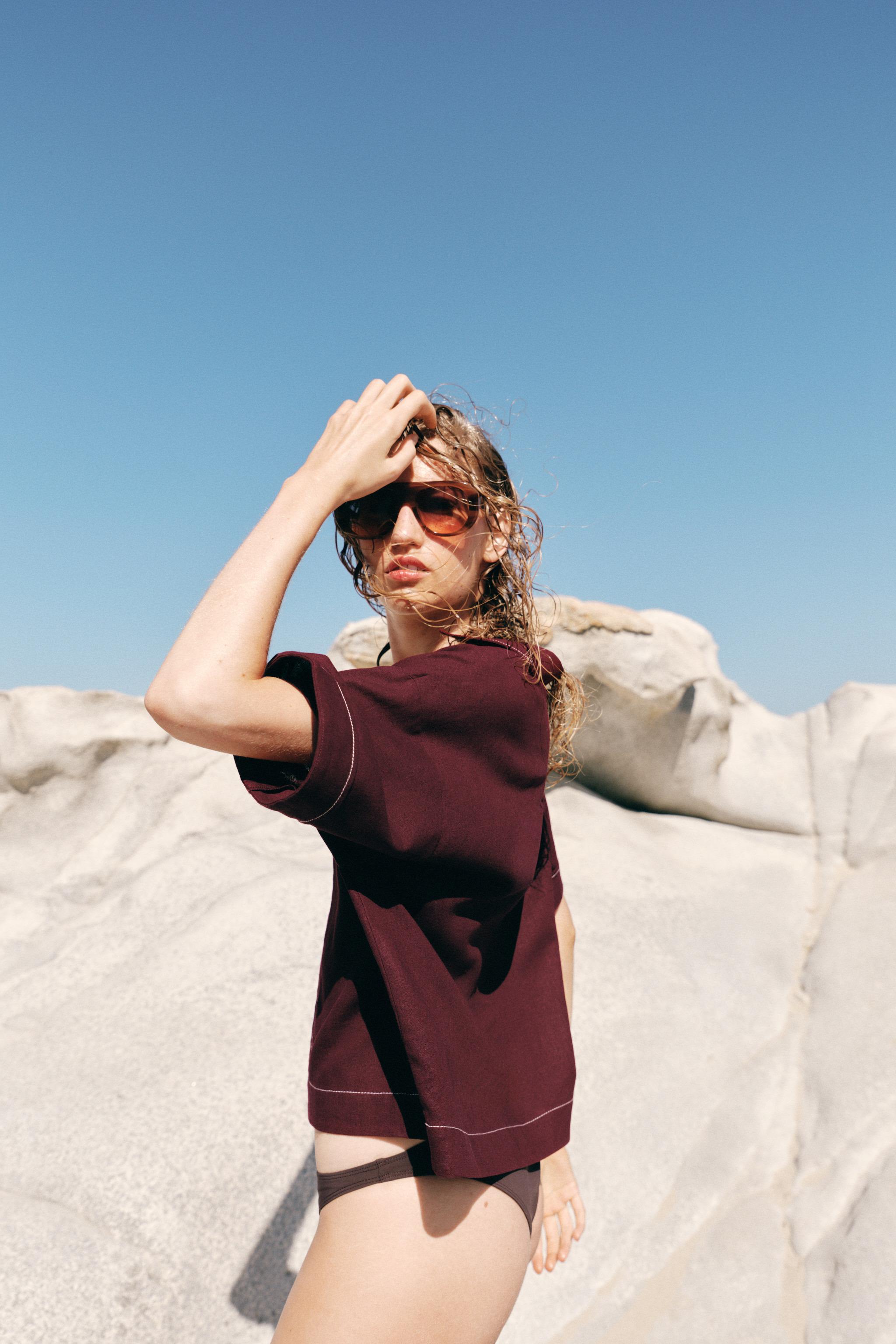 Женские рубашки Zara LINEN TOP WITH CONTRAST PIPING — фото 3