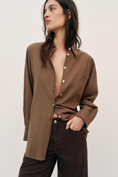 Zara OVERSIZED COTTON SHIRT - Brown
