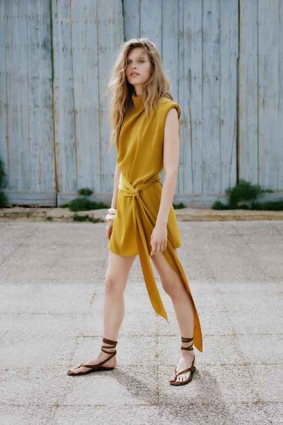 SHORT DRESS WITH TIE AND SHOULDER PADS - Mustard by Zara - Image 0