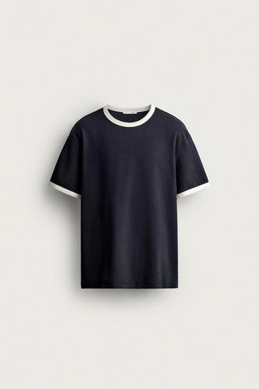 BASIS T-SHIRT MED KONTRASTKANT - marine fra Zara