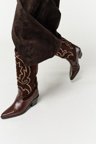 ÇIZME KAUBOJ ME QËNDISJE LËKURE - E kuqe Vishnjë nga Zara