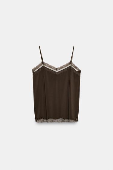 LACE-TRIMMED CAMISOLE TOP - Dark brown by Zara