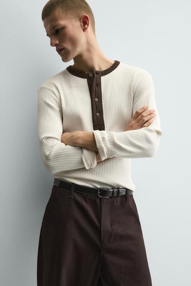 RIBBED T-SHIRT WITH CONTRAST COLLAR - Oyster-white by Zara