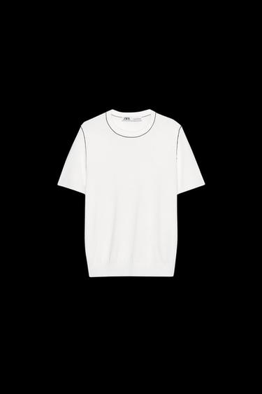 SHORT SLEEVE KNIT TOP WITH PIPING - White / Navy von Zara - Bild 0