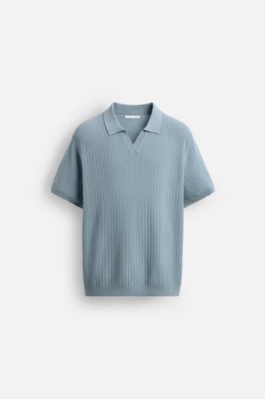 Zara RIBBED KNIT POLO SHIRT - Sky blue