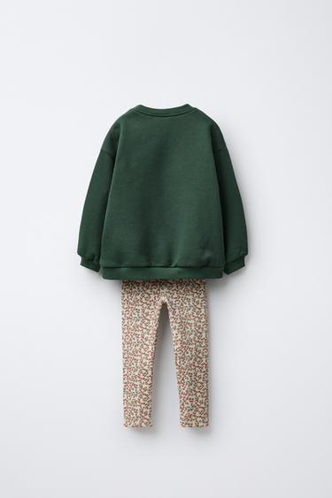 BEAR SWEATSHIRT AND RIBBED FLORAL LEGGINGS SET - Green by Zara - Image 1