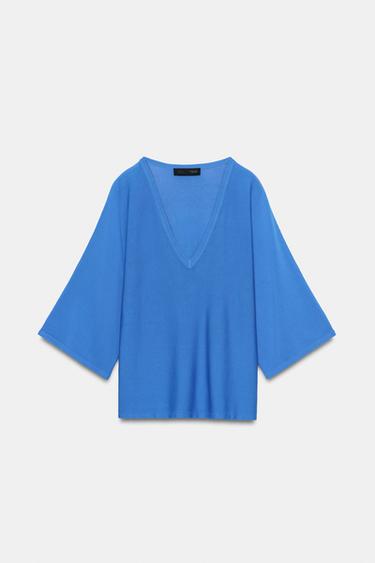 Zara FLOWY V-NECK KNIT JUMPER - Bluish