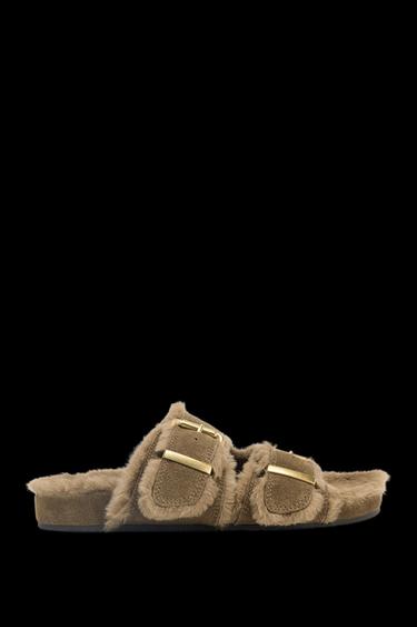 Zara FAUX FUR FLAT BUCKLE SANDALS - Taupe Gray - Image 0