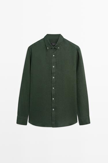 Zara 100% linen regular fit shirt - Green / Blue