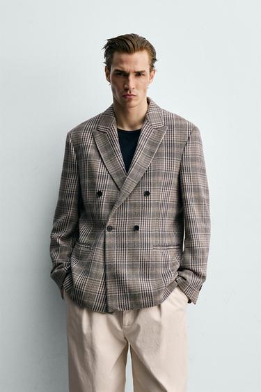 DOUBLE-BREASTED CHECK BLAZER - camel by Zara