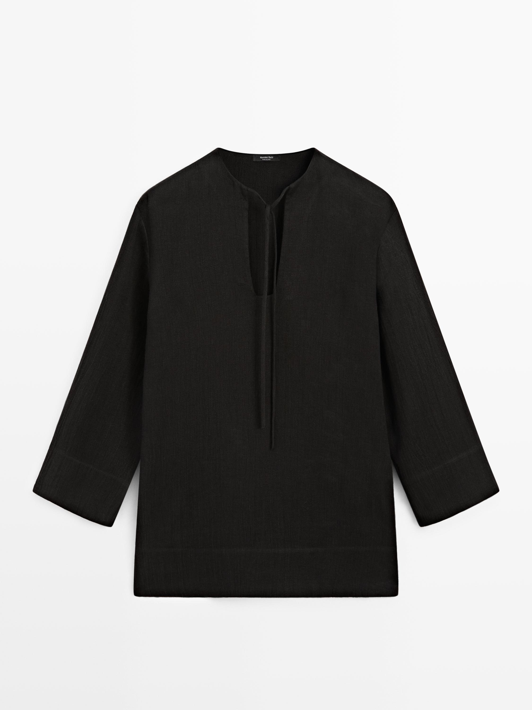 100% linen stand collar mini dress