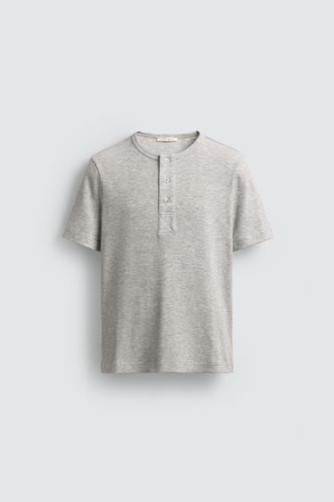 Zara BUTTON-NECK T-SHIRT - Light gray