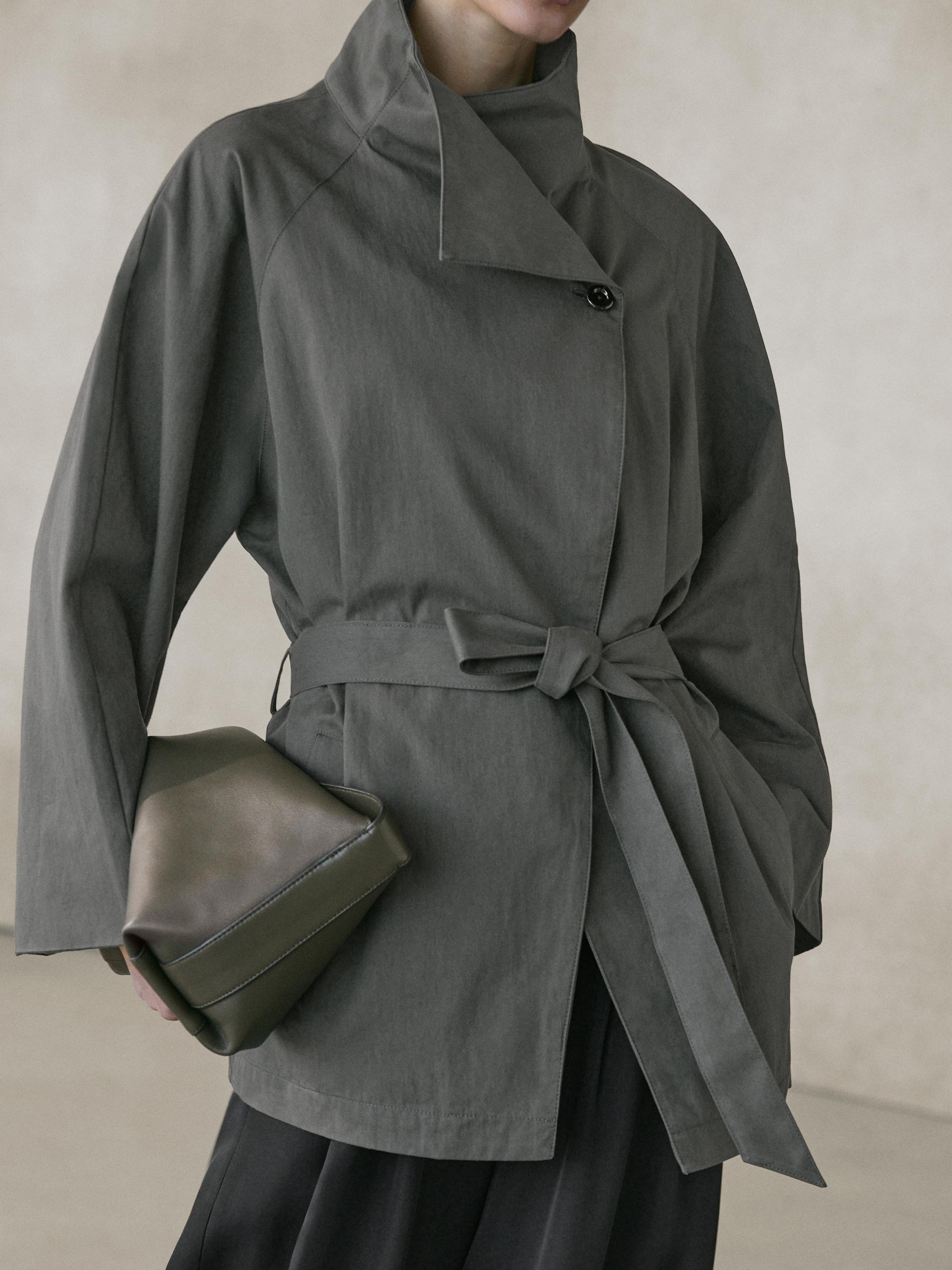 Short cotton blend trench coat with belt