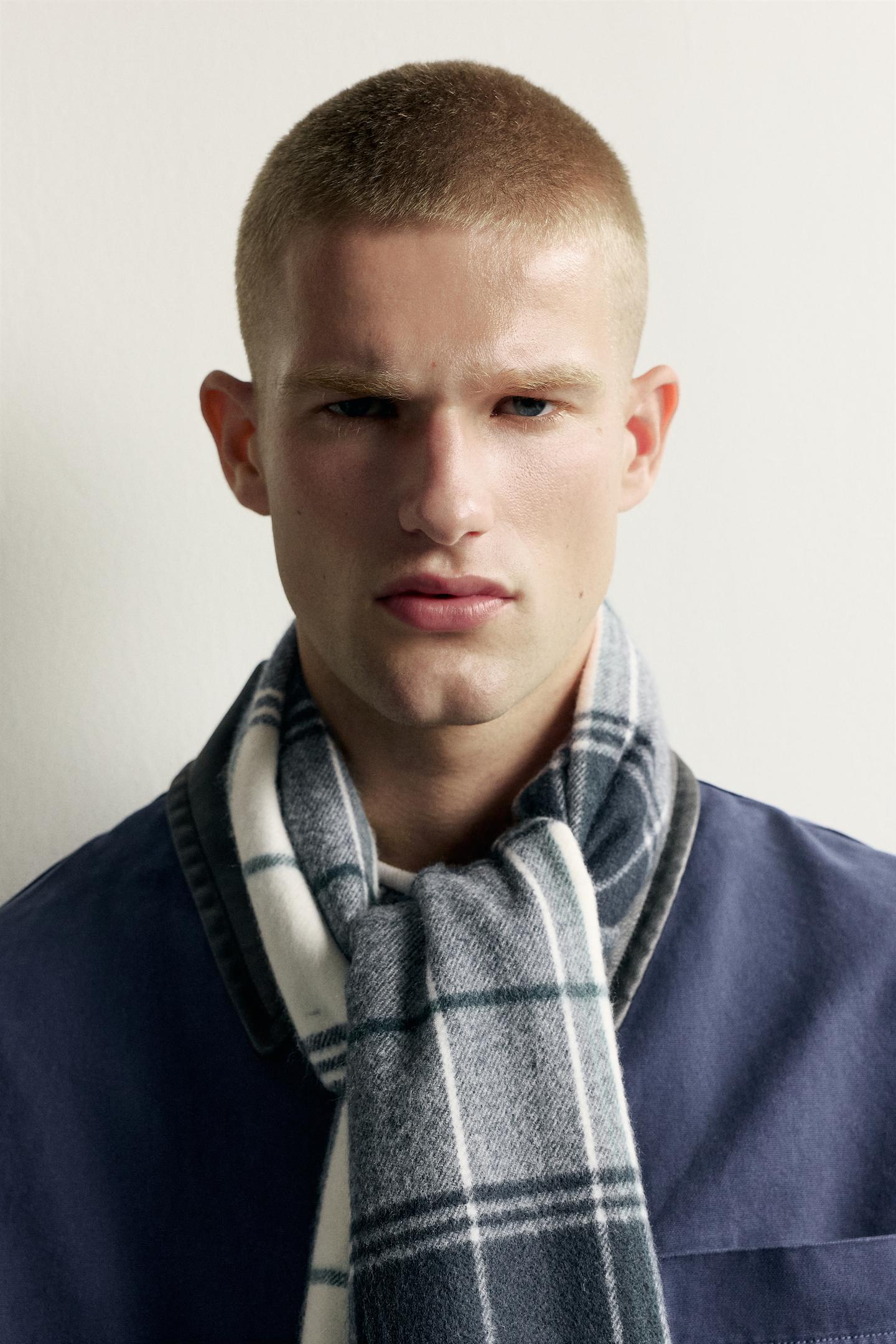 Мужской шарф Zara Plaid Color-Block, цвет: Экрю / Тёмно-синий — фото 2