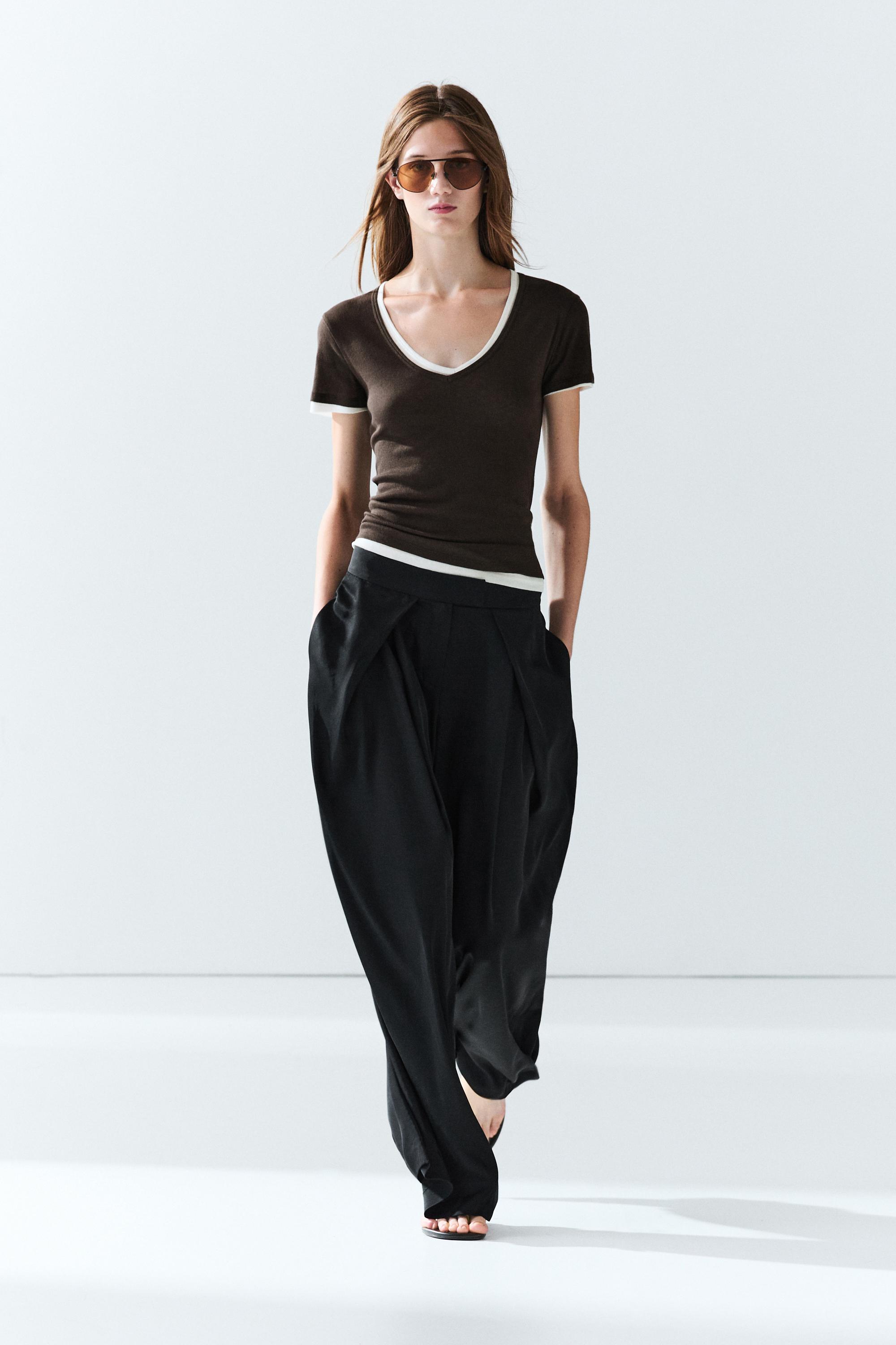 100% cotton double-layer short sleeve T-shirt - Brown | ZARA